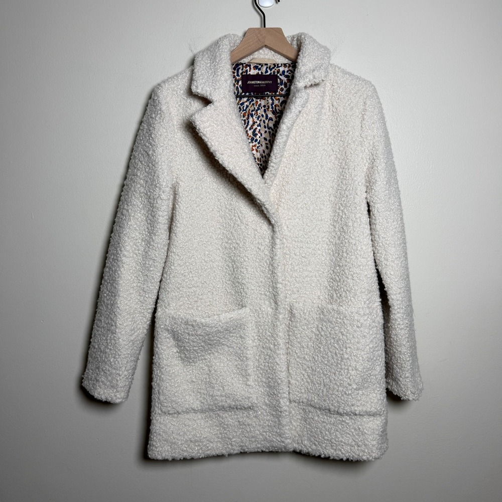 Johnston + Murphy Womens Teddy Coat S White Faux Fur Sherpa Animal Chic Soft